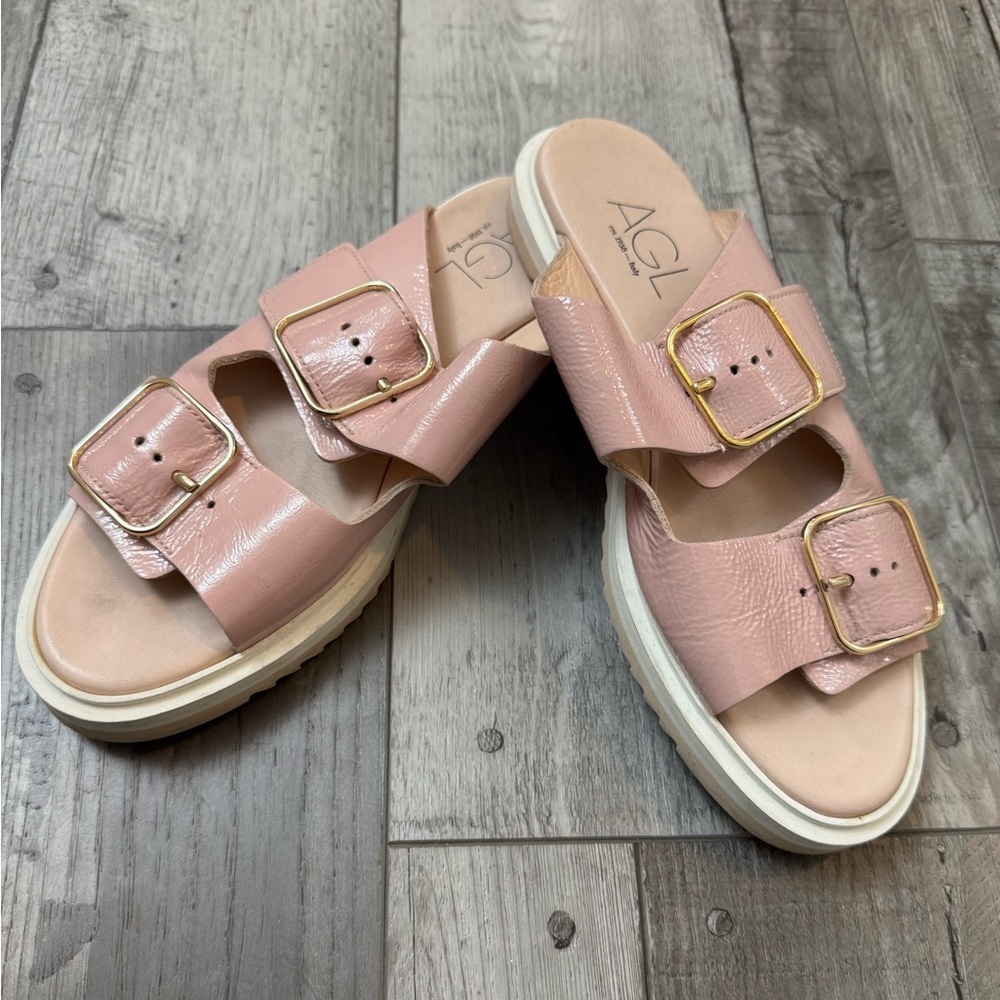 AGL Pink Patent Leather Double-Buckle Slide Sandals